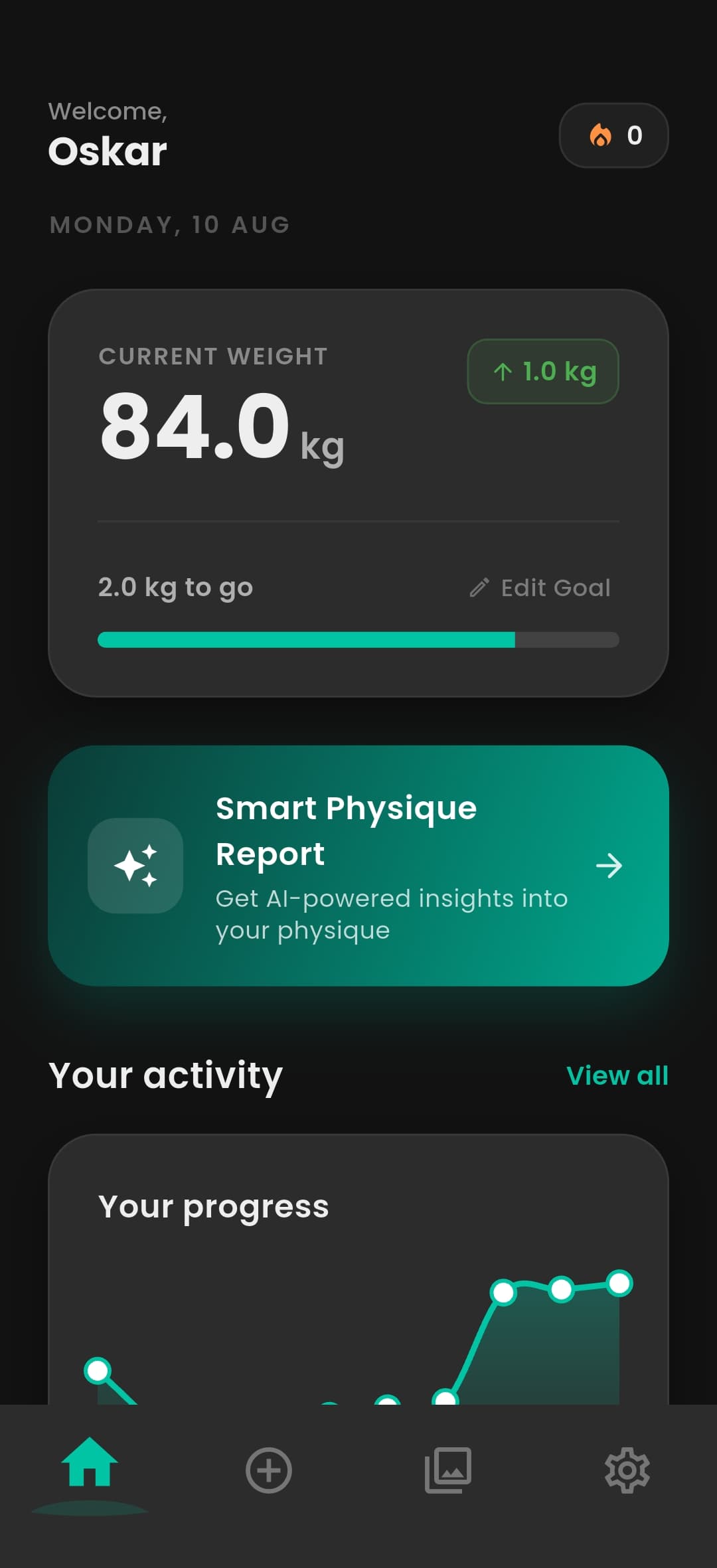 BodyLog AI home screen with current weight and Smart Physique Report