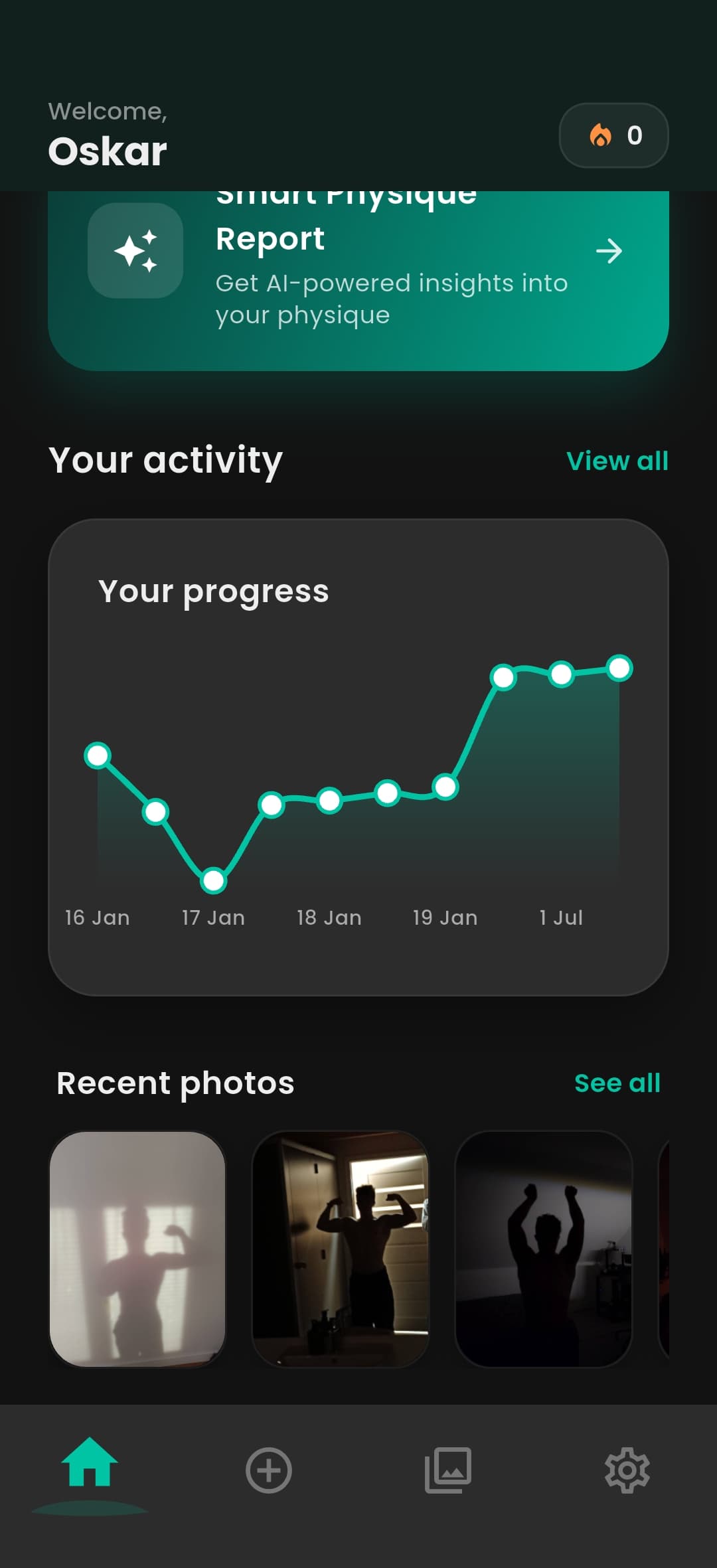 BodyLog AI home screen scrolled to the weight progress chart