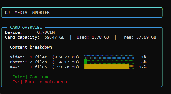 DjiMediaImporter card overview dashboard with content breakdown by media type