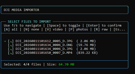 DjiMediaImporter file selection screen with filters for video, photos and RAW