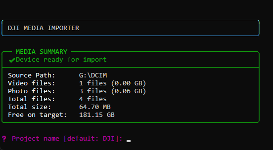 DjiMediaImporter media summary screen ready for import