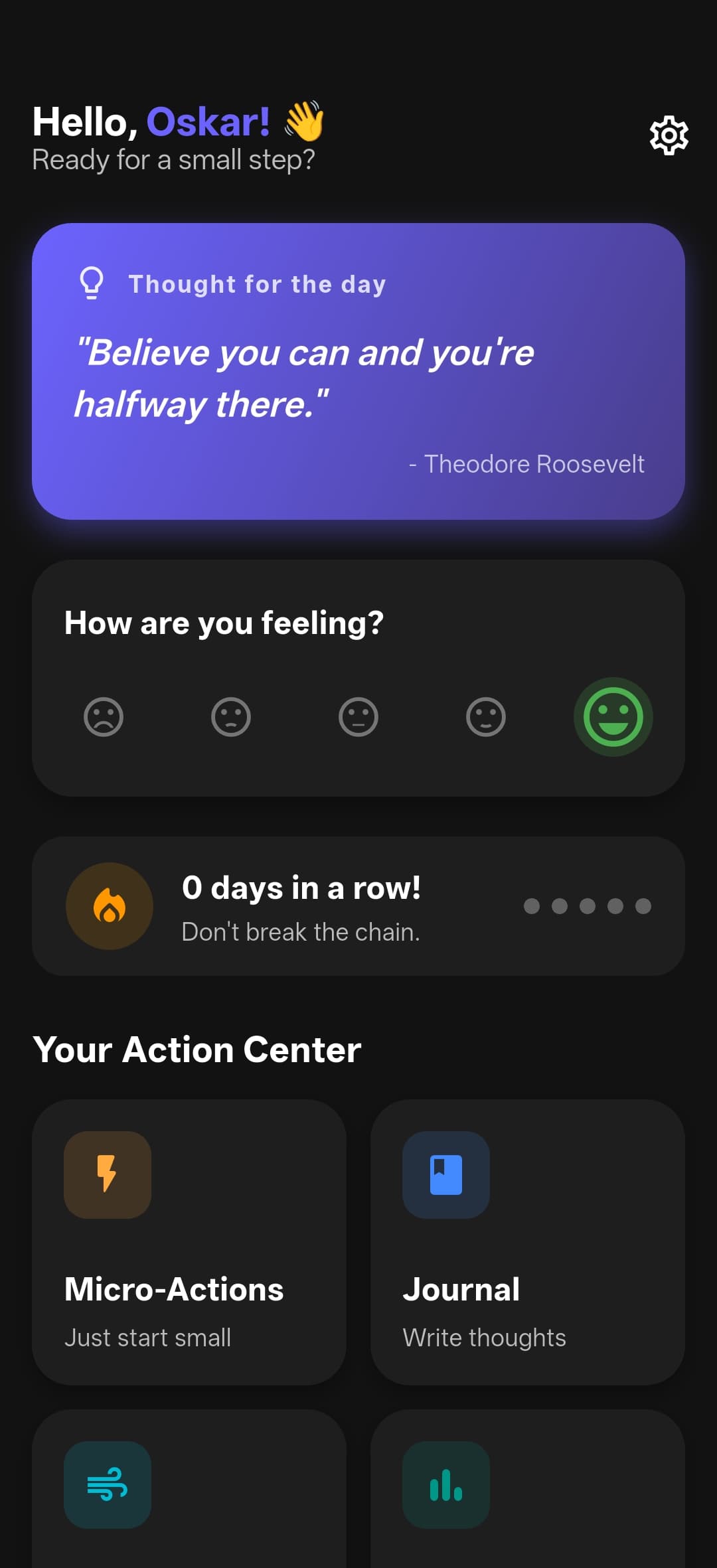 Motivio home screen with the daily quote, mood picker and streak