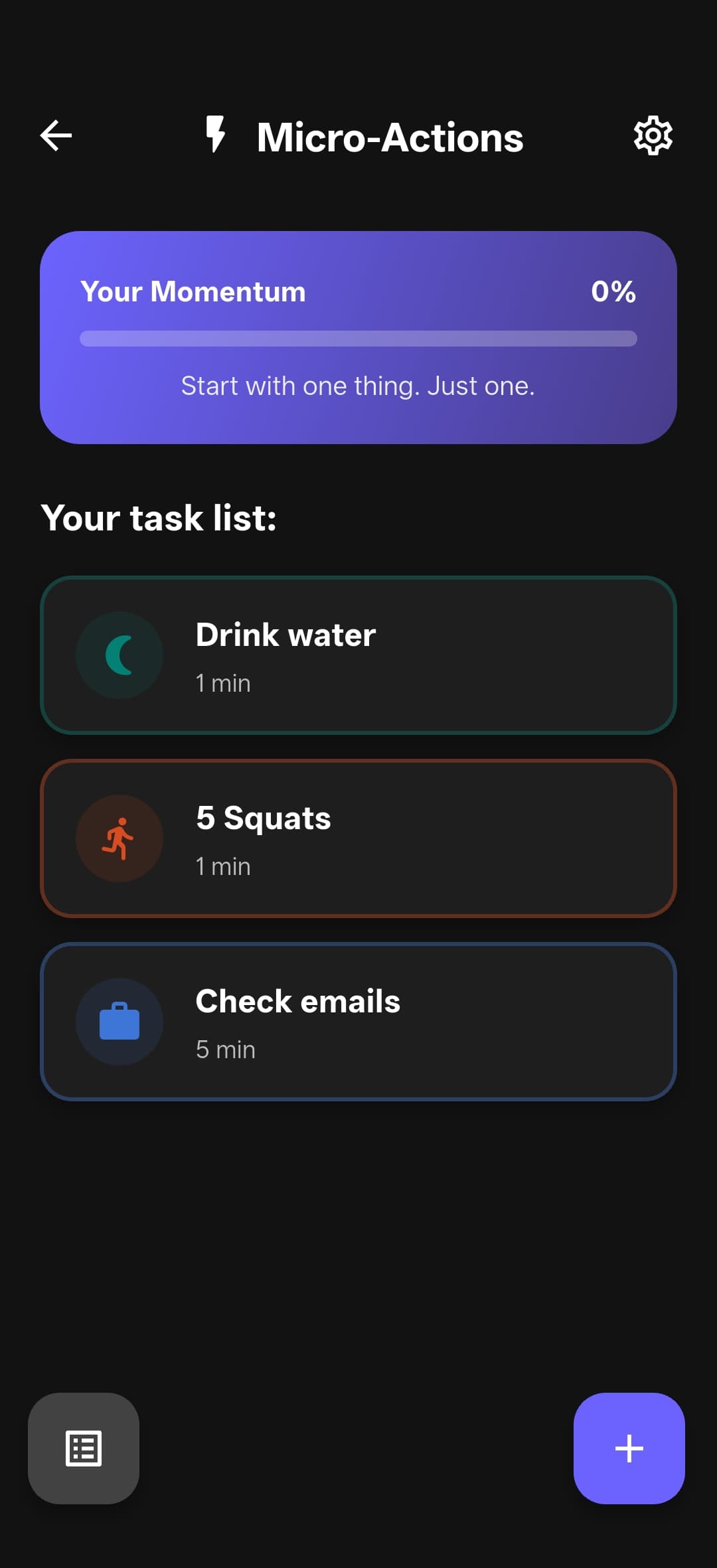 Motivio micro-actions checklist grouped by time of day