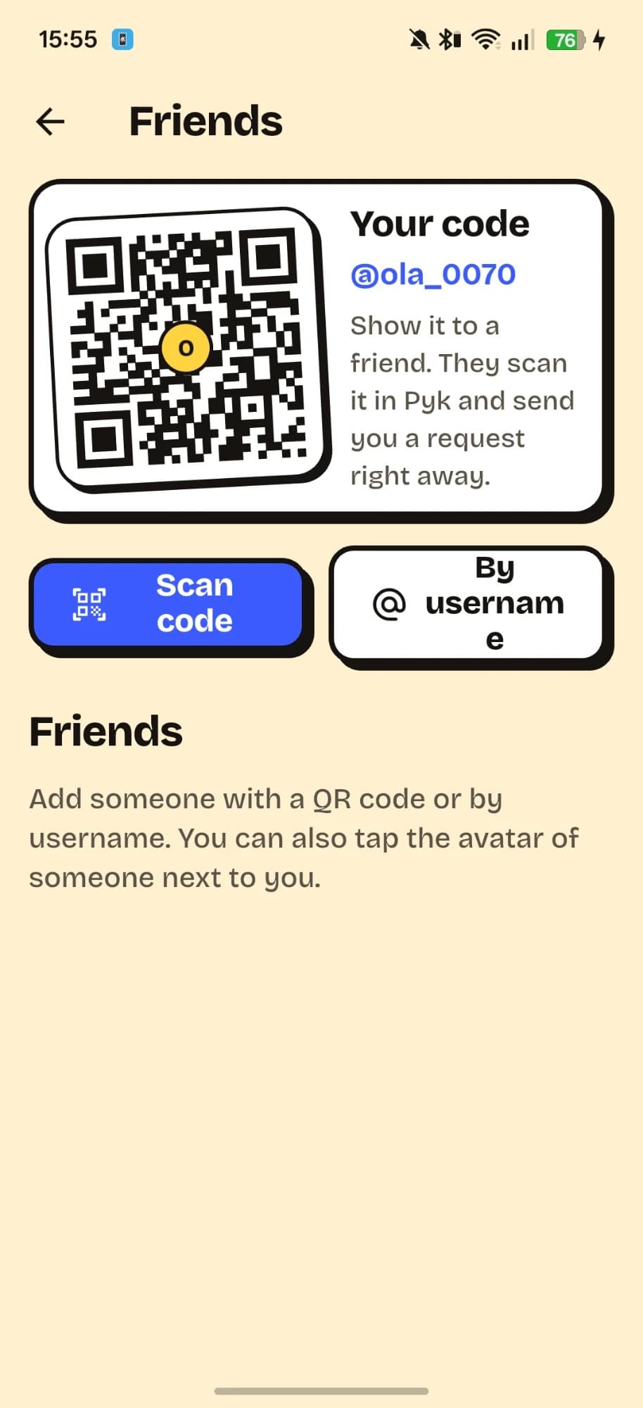 Pyk friends screen with a personal QR code and username search