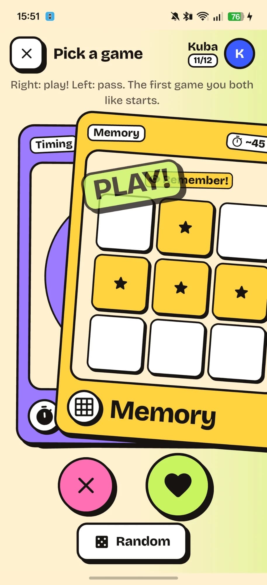 Pyk game picker with swipeable game cards and like or pass buttons