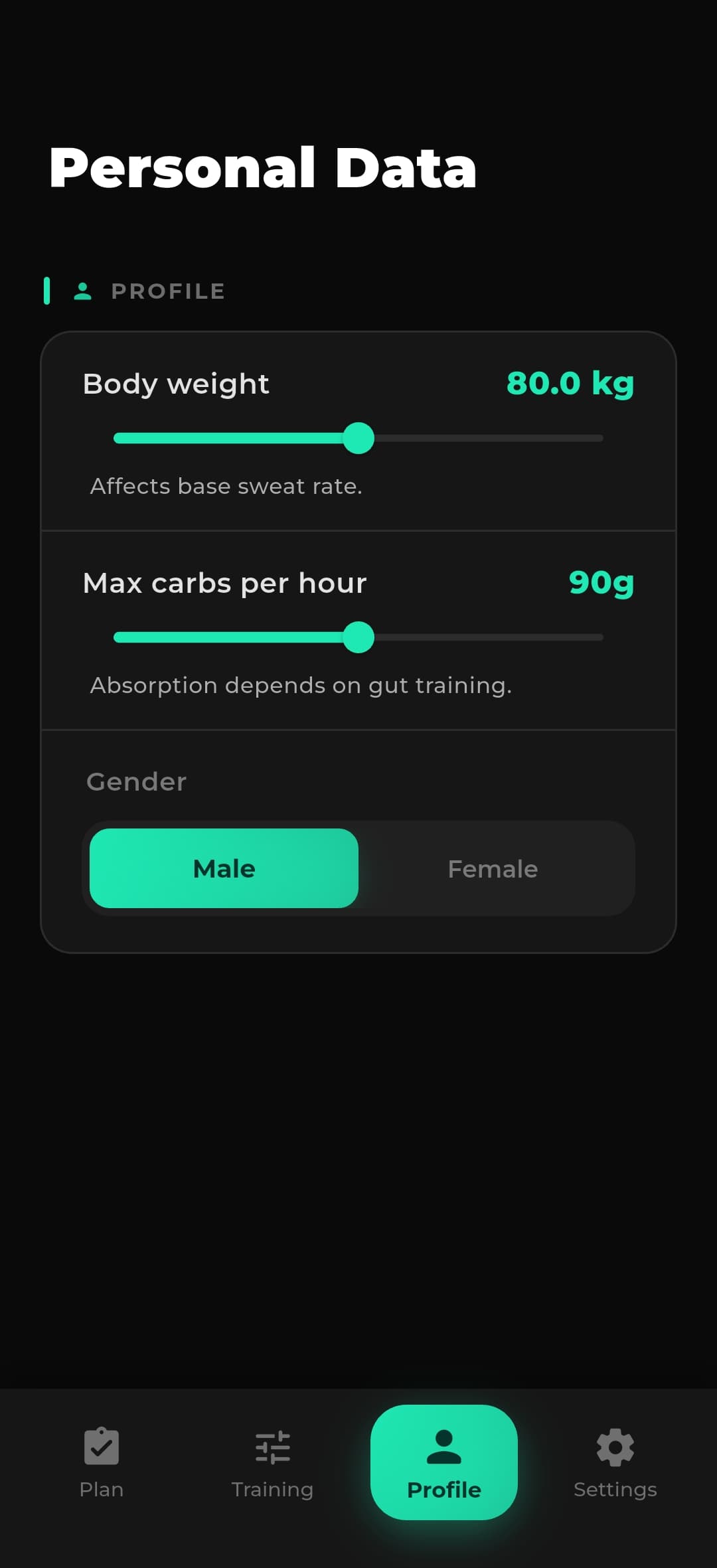 RaceFuel personal data profile screen