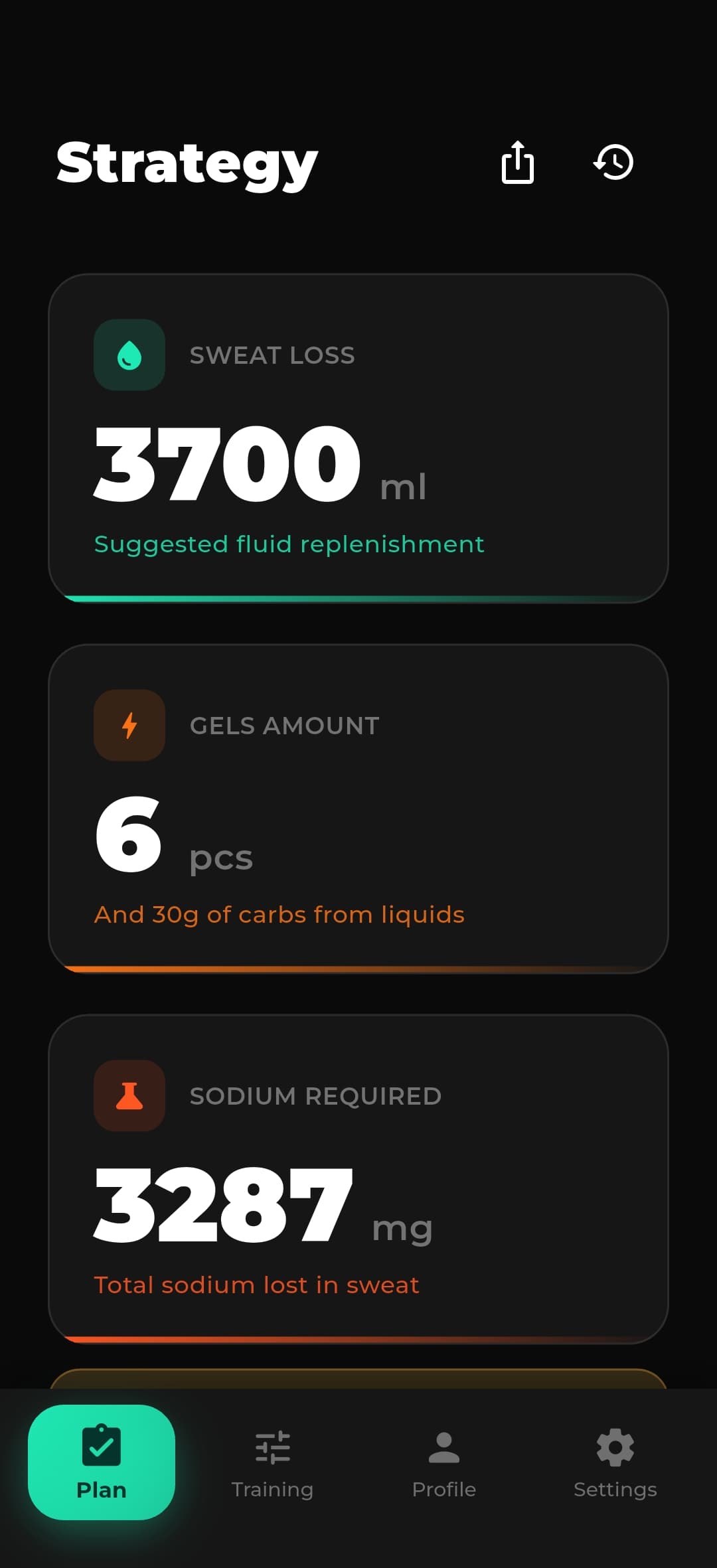 RaceFuel strategy screen with sweat loss, gels and sodium targets