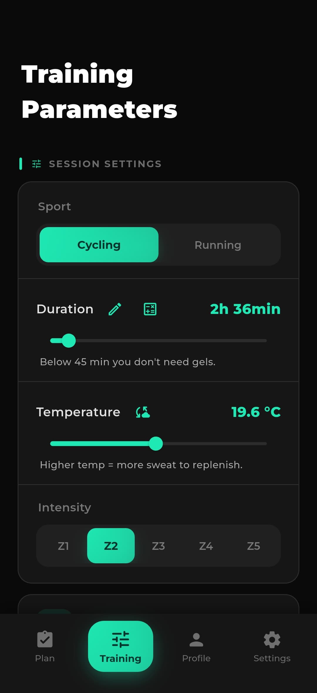 RaceFuel training parameters screen with live weather
